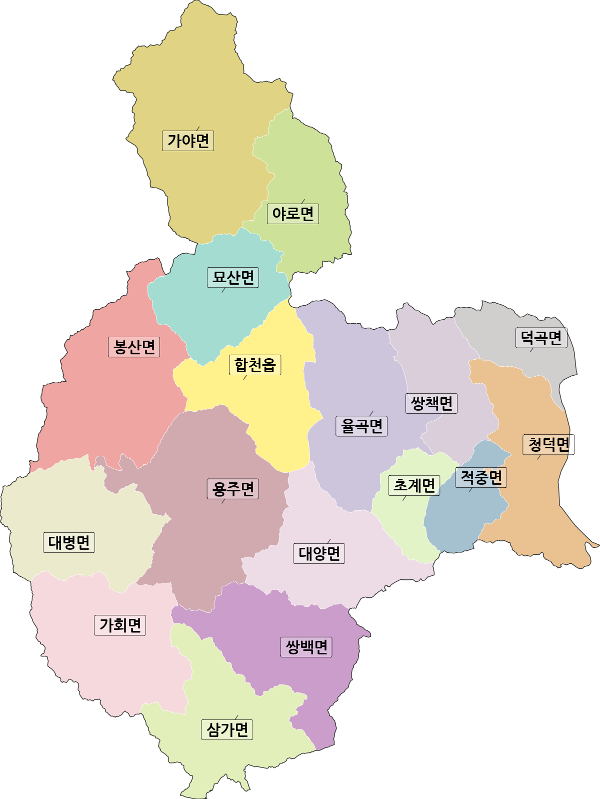 경상남도 합천군 행정동 행정구역 경계 지도
