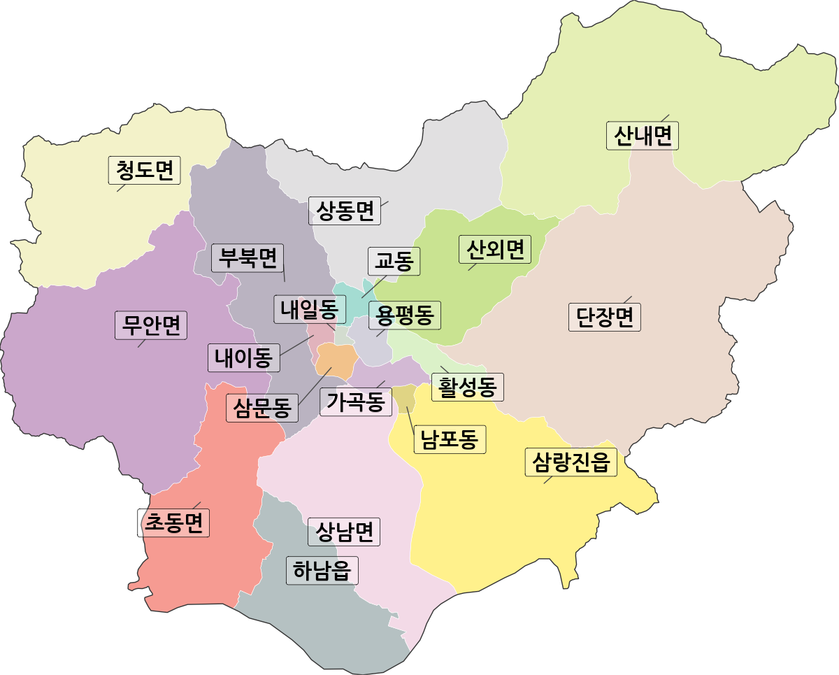 경상남도 밀양시 법정동 행정구역 경계 지도