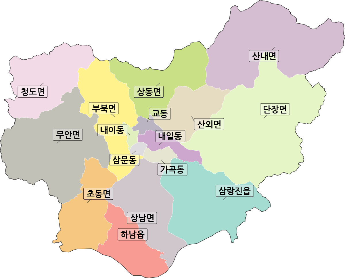 경상남도 밀양시 행정동 행정구역 경계 지도