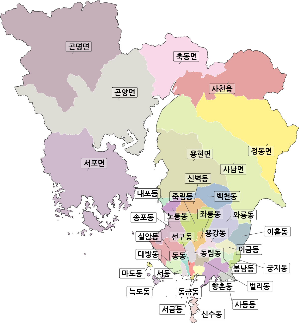경상남도 사천시 법정동 행정구역 경계 지도