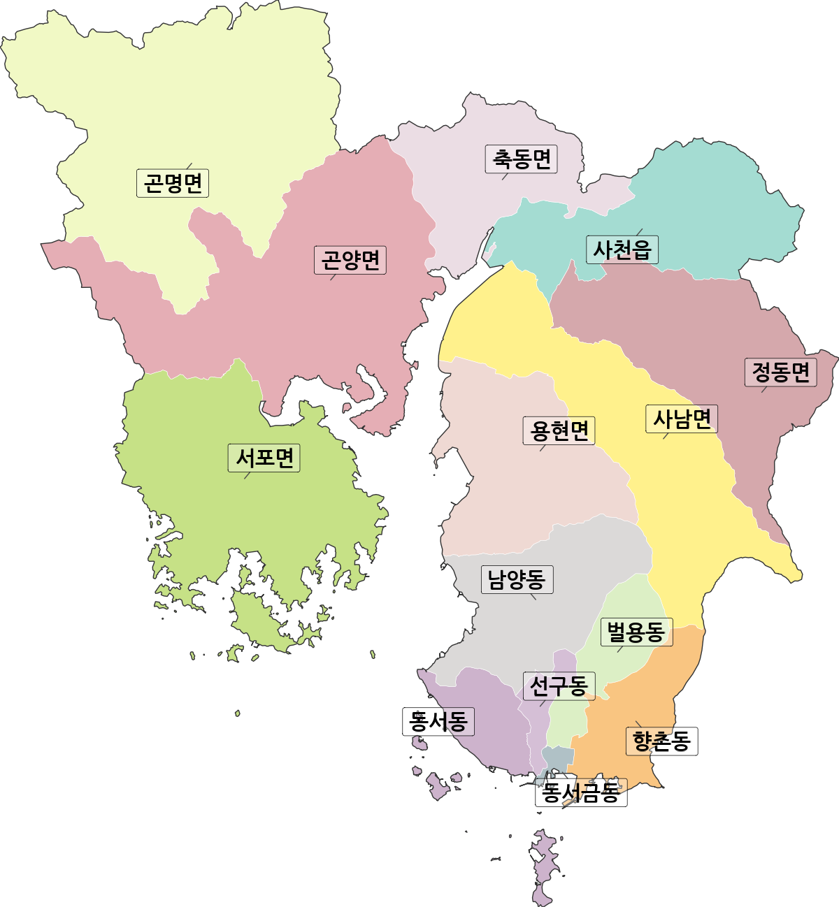 경상남도 사천시 행정동 행정구역 경계 지도
