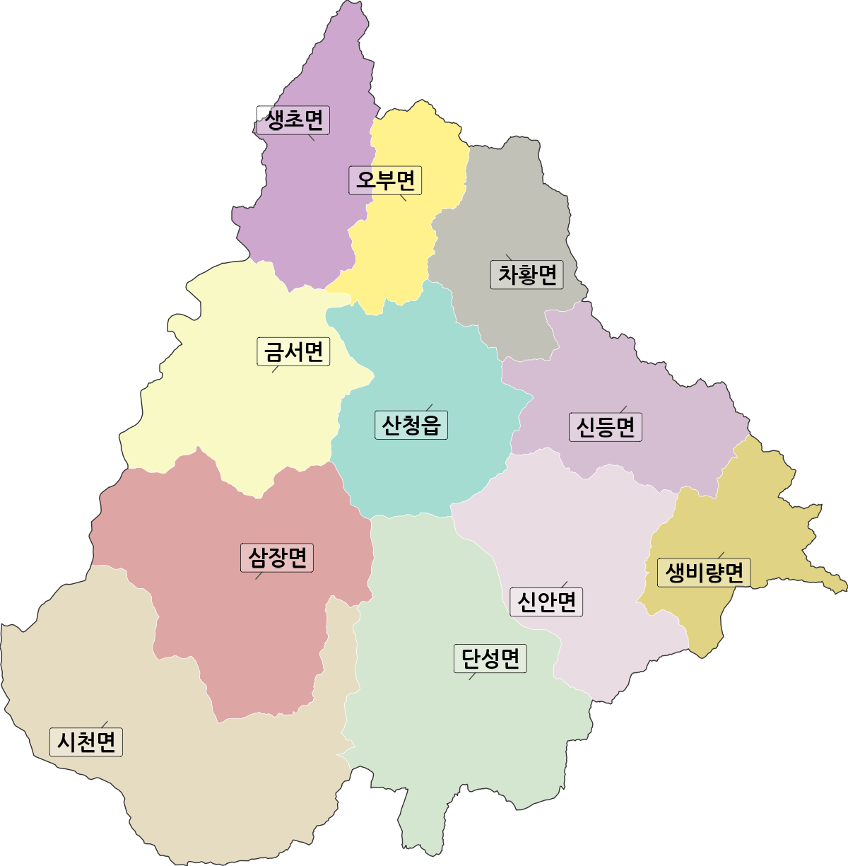 경상남도 산청군 법정동 행정구역 경계 지도