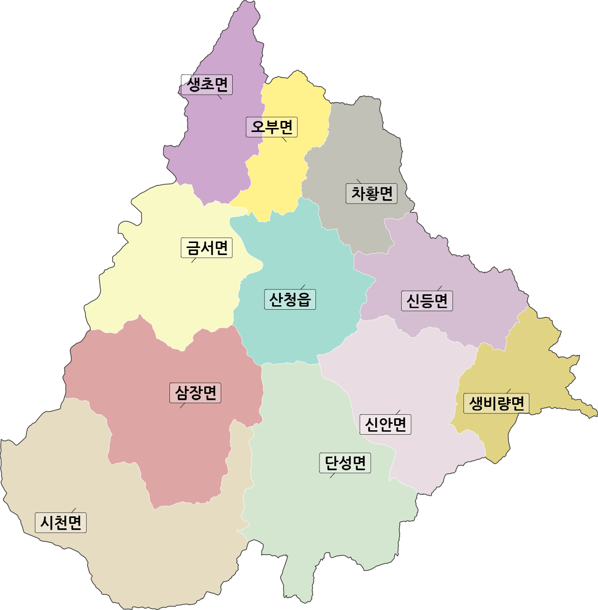 경상남도 산청군 행정동 행정구역 경계 지도