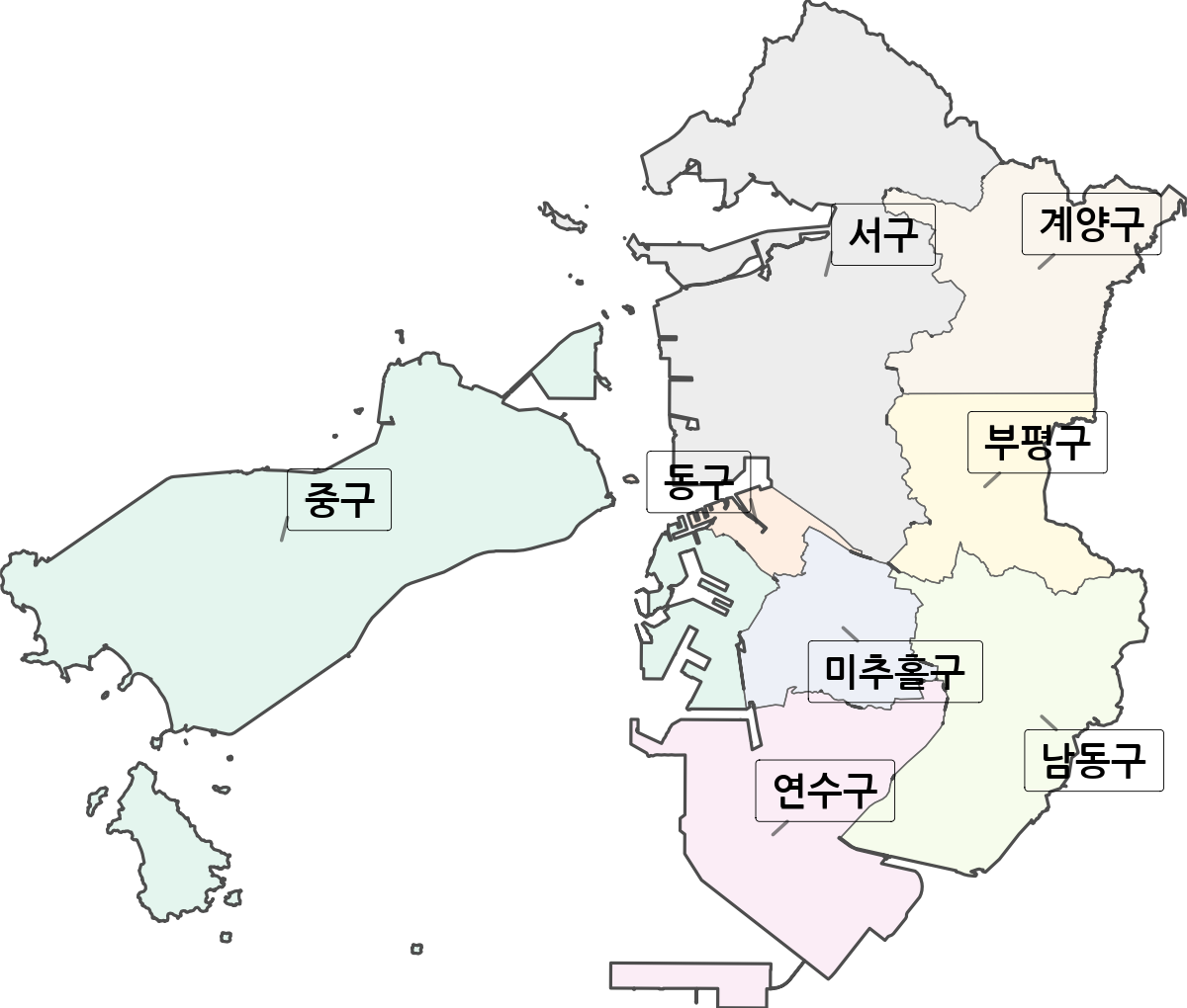 인천광역시 행정구역 경계 지도 옹진군 강화군 제외 버전