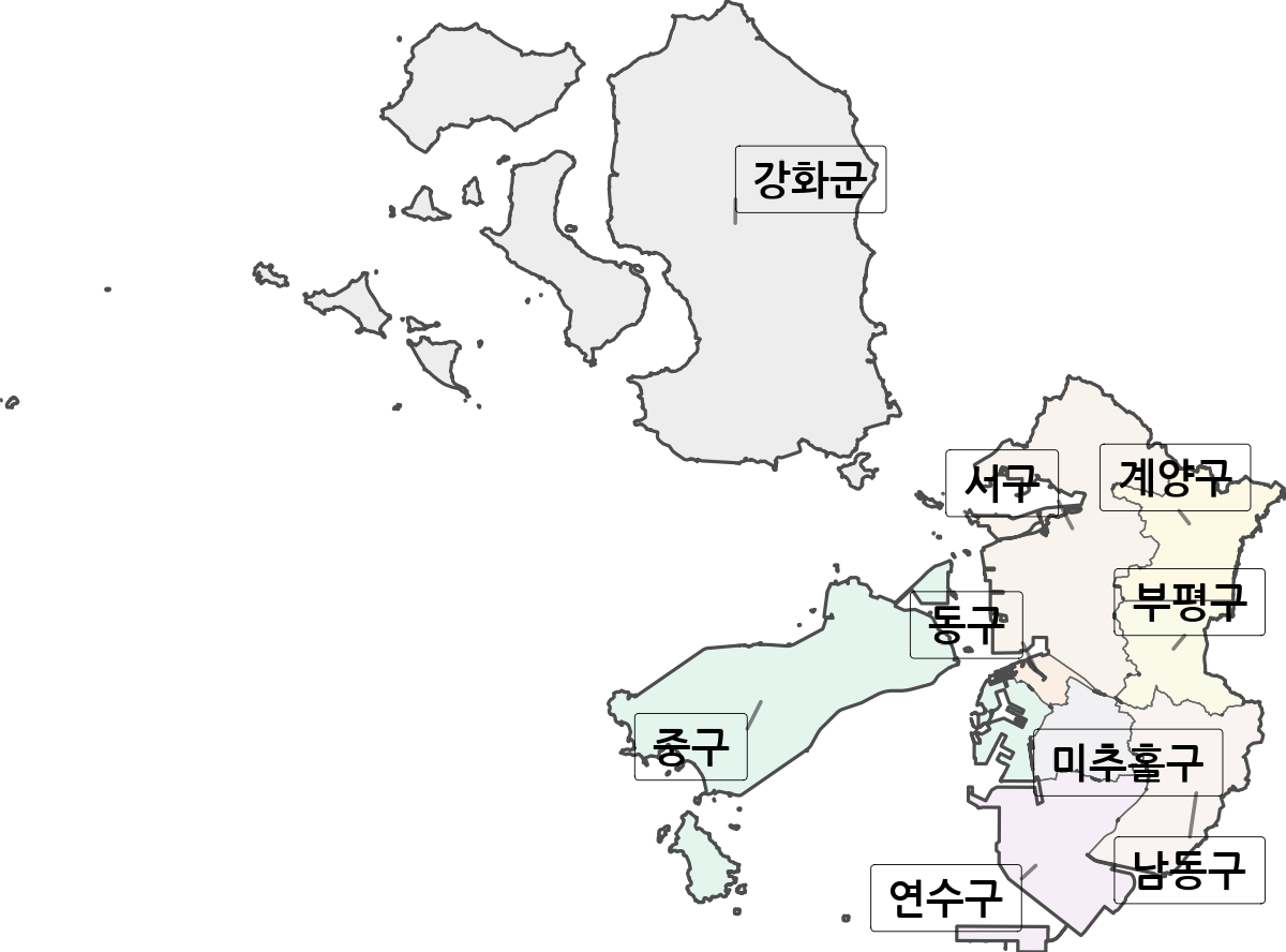 인천광역시 행정구역 경계 지도 옹진군 제외 버전
