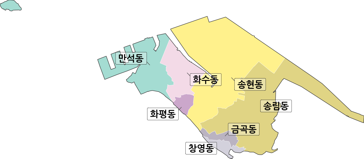 인천광역시 동구 법정동 행정구역 경계 지도
