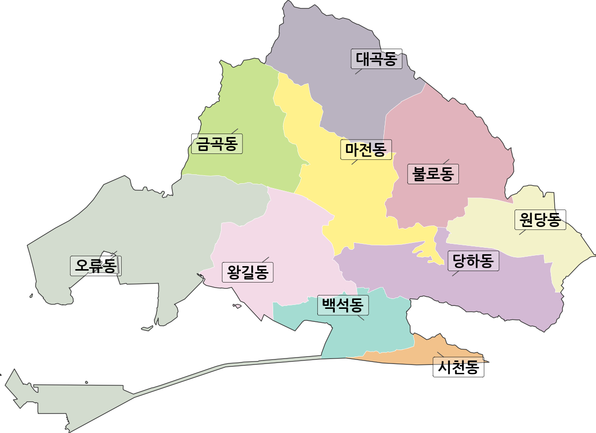 인천광역시 검단구 법정동 행정구역 경계 지도