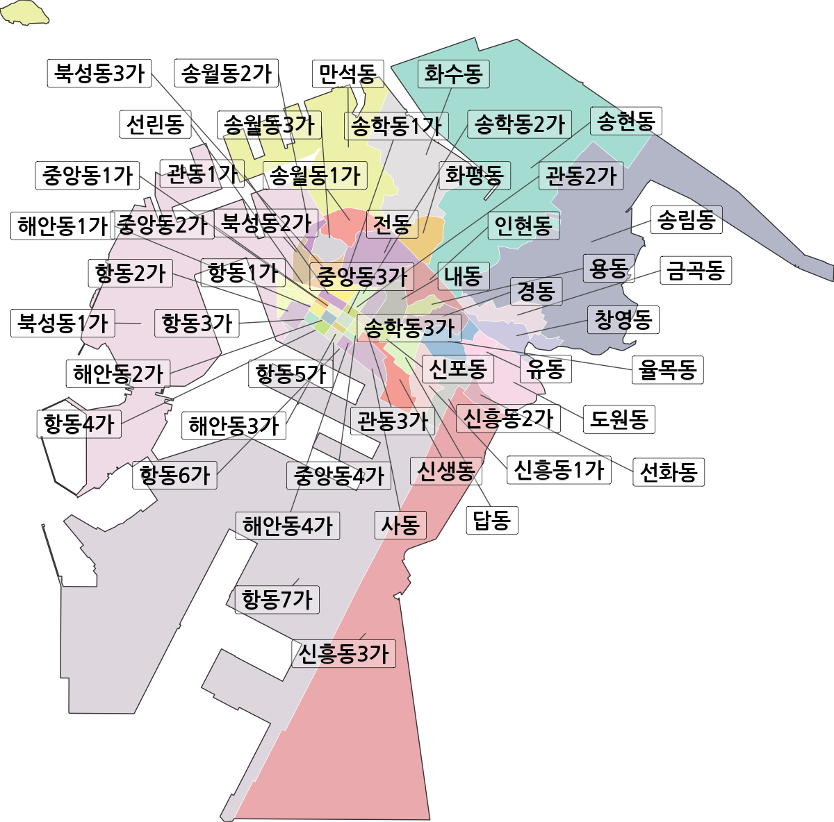 인천광역시 제물포구 법정동 행정구역 경계 지도