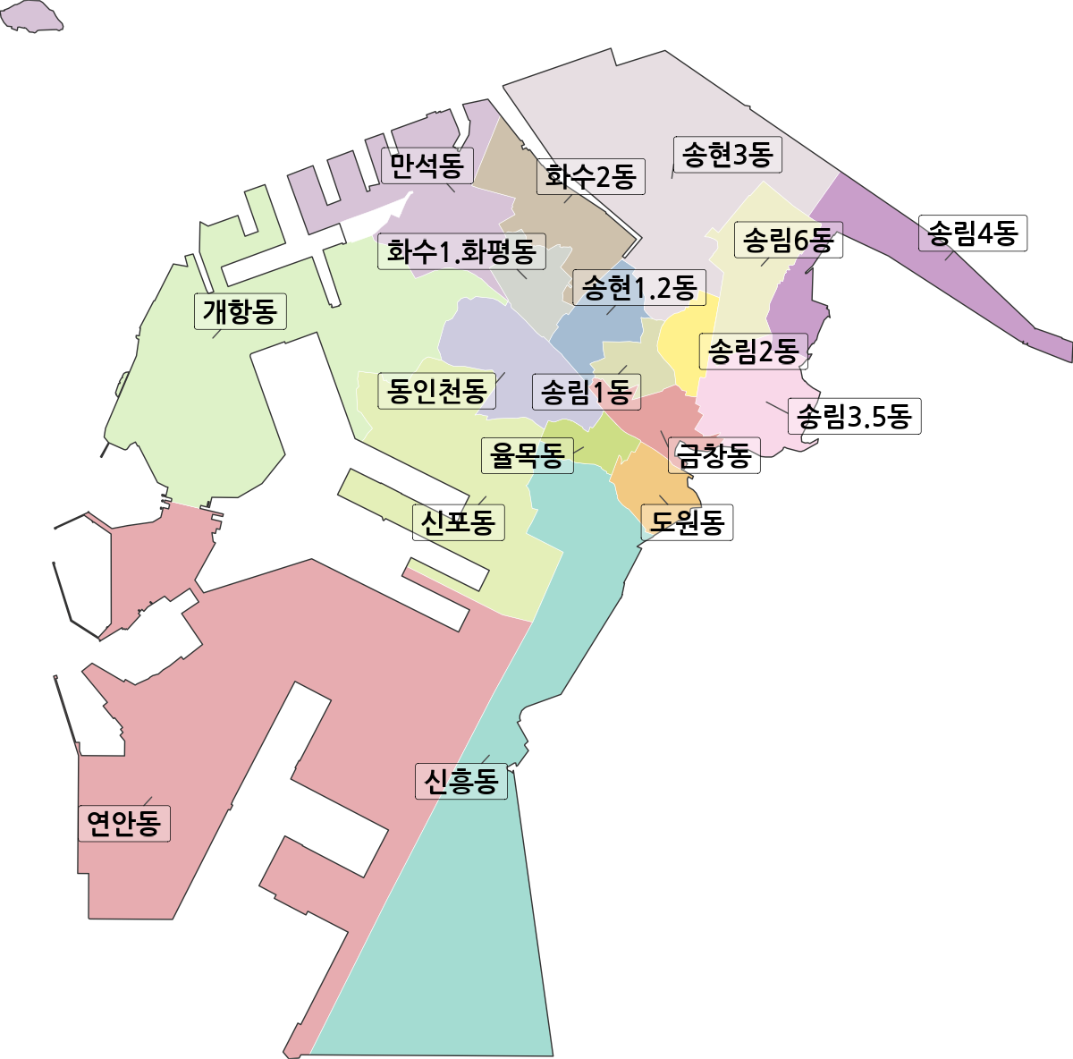 인천광역시 제물포구 행정동 행정구역 경계 지도