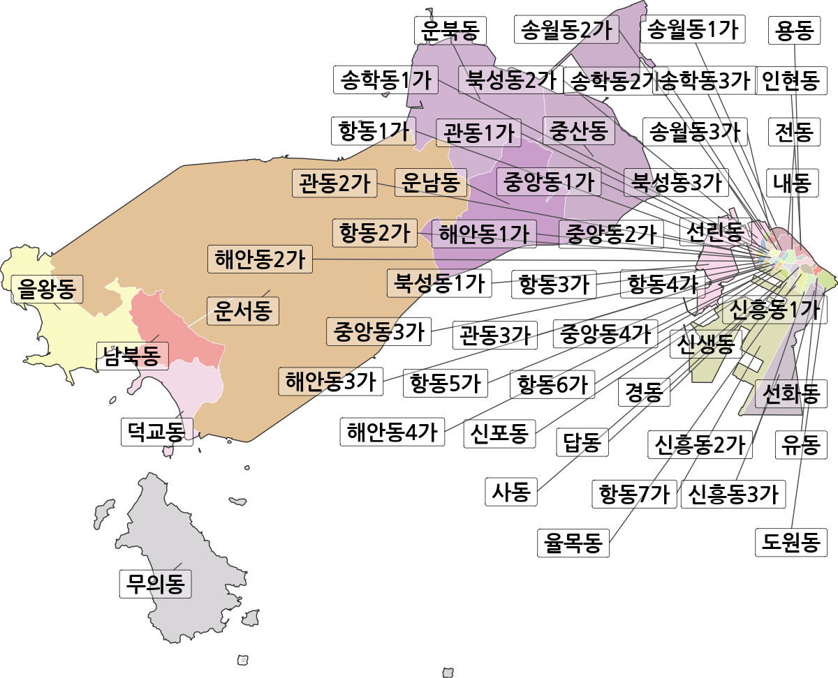 인천광역시 중구 법정동 행정구역 경계 지도