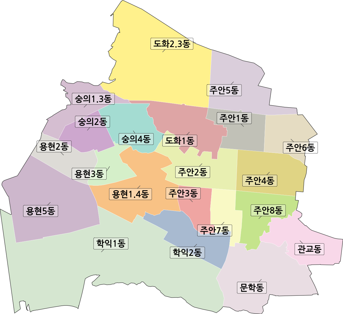 인천광역시 미추홀구 행정동 행정구역 경계 지도
