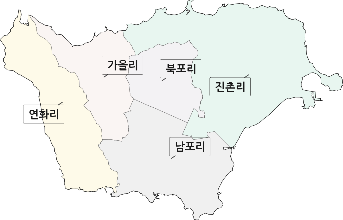 인천광역시 옹진군 백령면 법정동 리 구분 행정구역 경계 지도