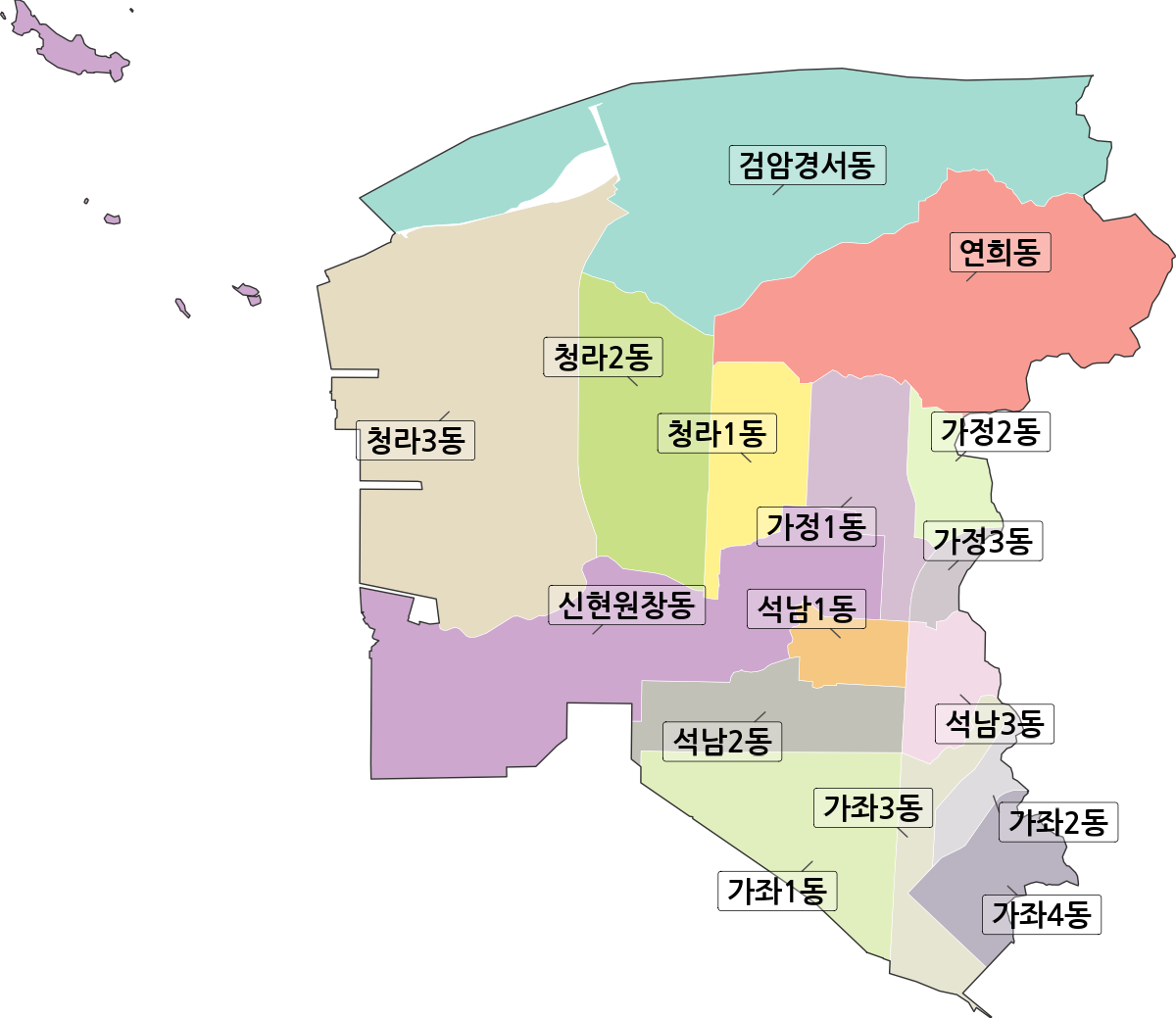 인천광역시 서해구 행정동 행정구역 경계 지도