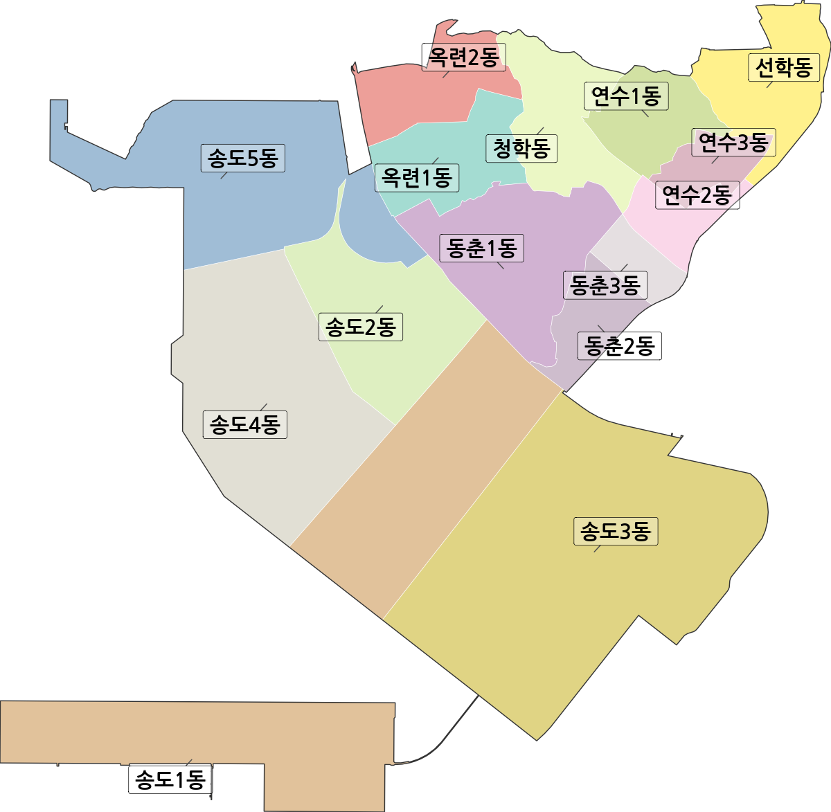 인천광역시 연수구 행정동 행정구역 경계 지도