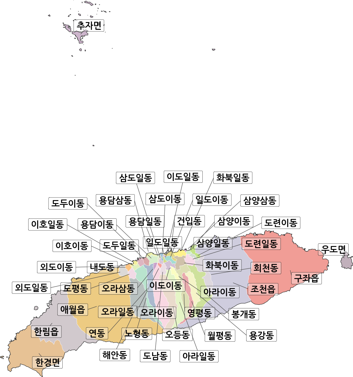 제주특별자치도 제주시 법정동 행정구역 경계 지도