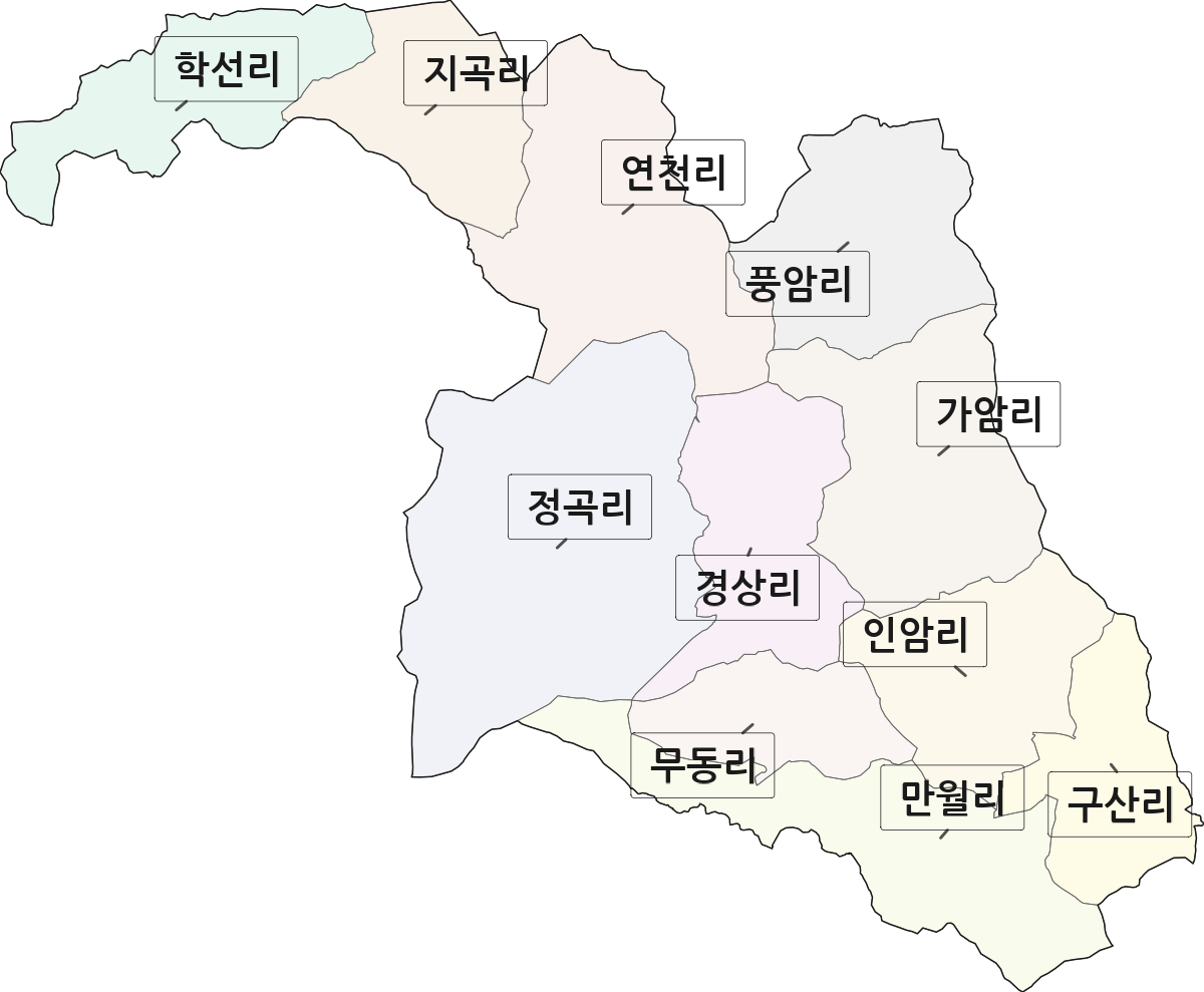 전라남도 담양군 가사문학면 법정동 리 구분 행정구역 경계 지도