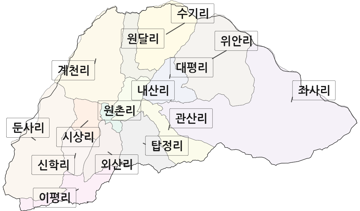 전라남도 구례군 산동면 법정동 리 구분 행정구역 경계 지도