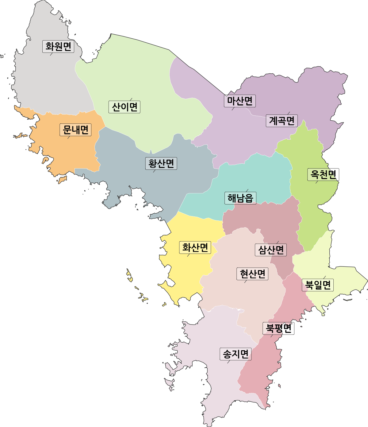 전라남도 해남군 행정동 행정구역 경계 지도