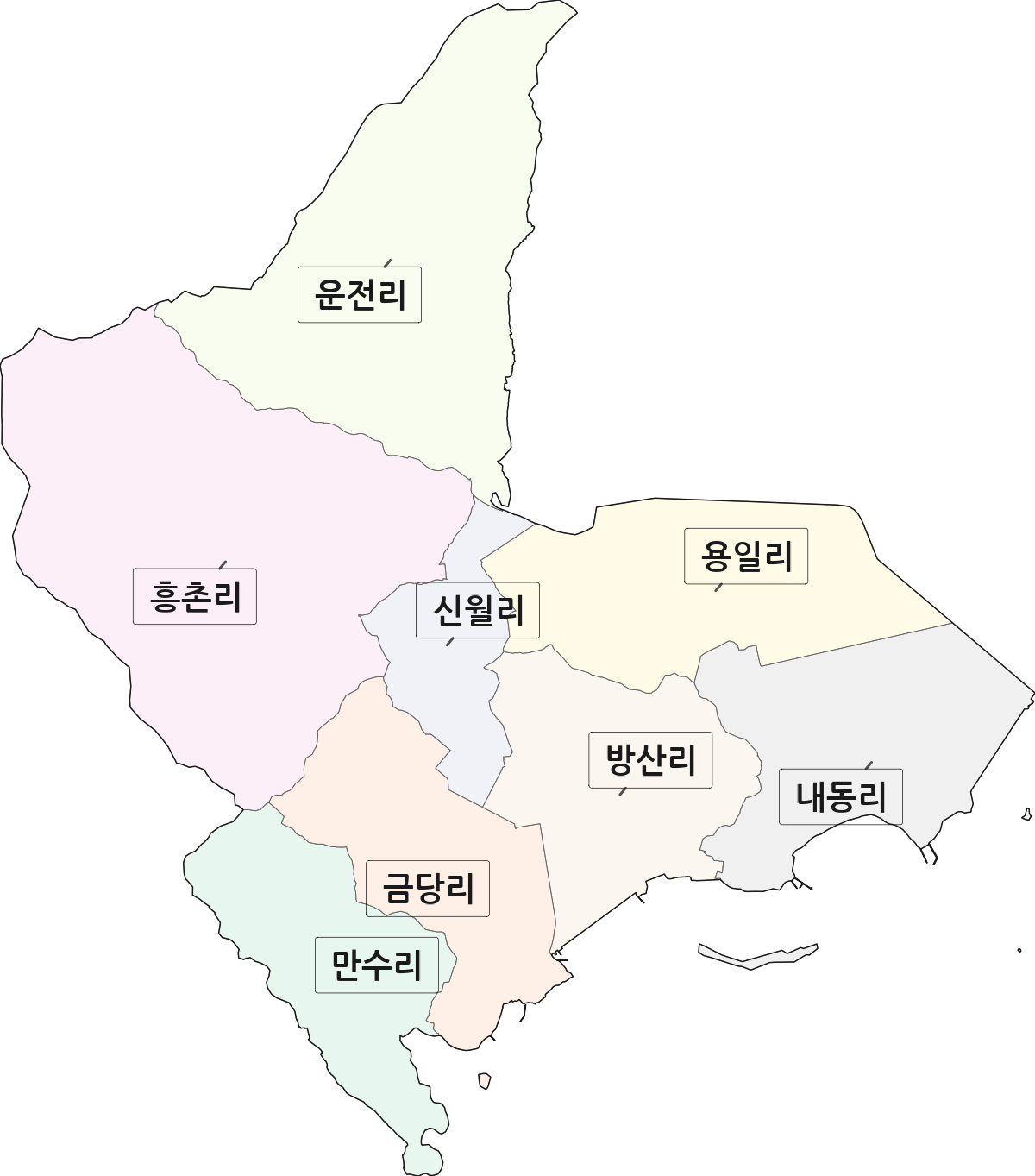 전라남도 해남군 북일면 법정동 리 구분 행정구역 경계 지도