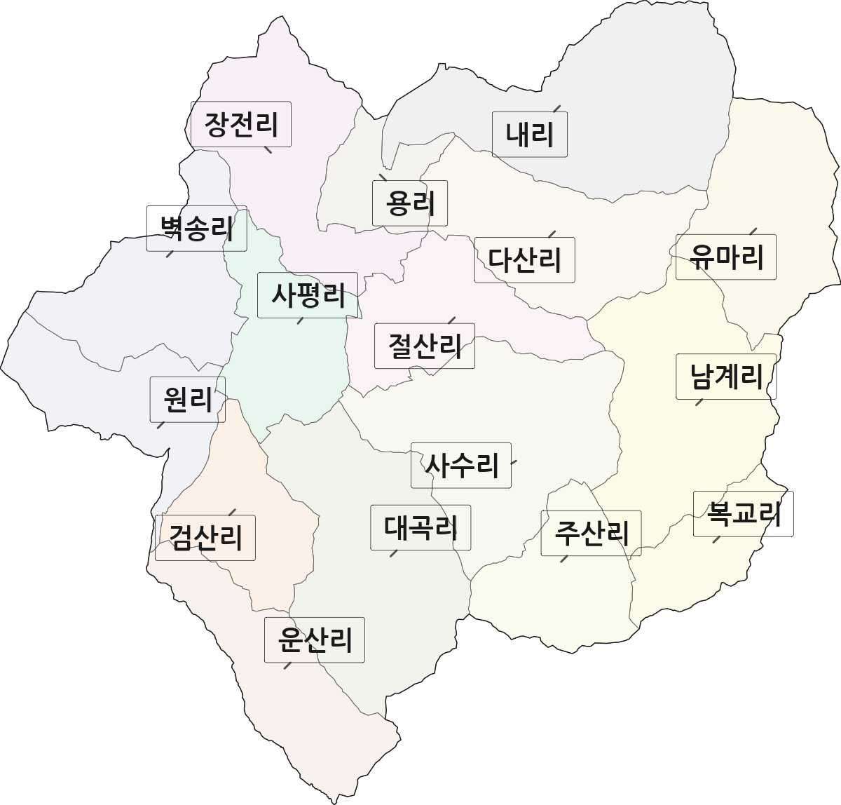전라남도 화순군 사평면 법정동 리 구분 행정구역 경계 지도
