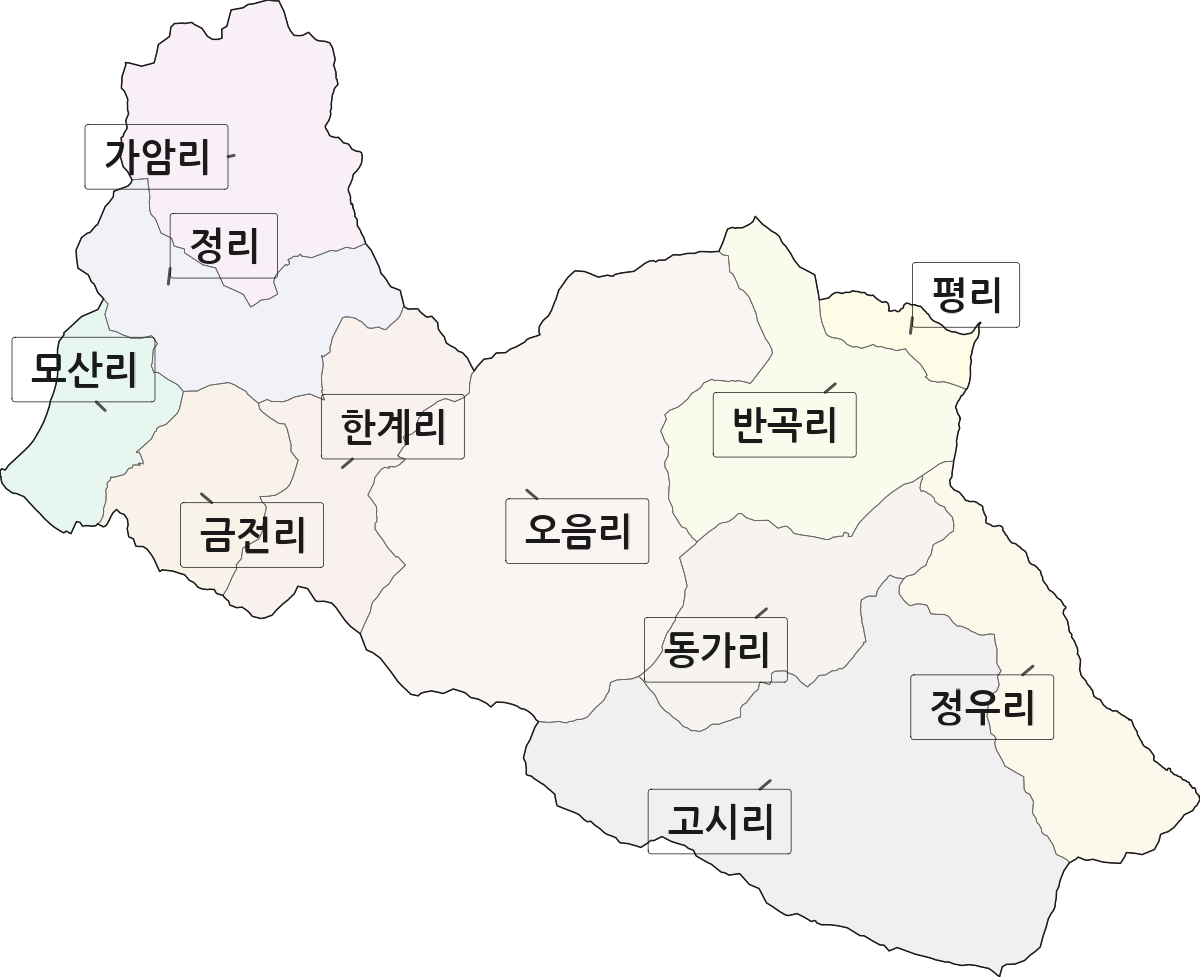 전라남도 화순군 한천면 법정동 리 구분 행정구역 경계 지도