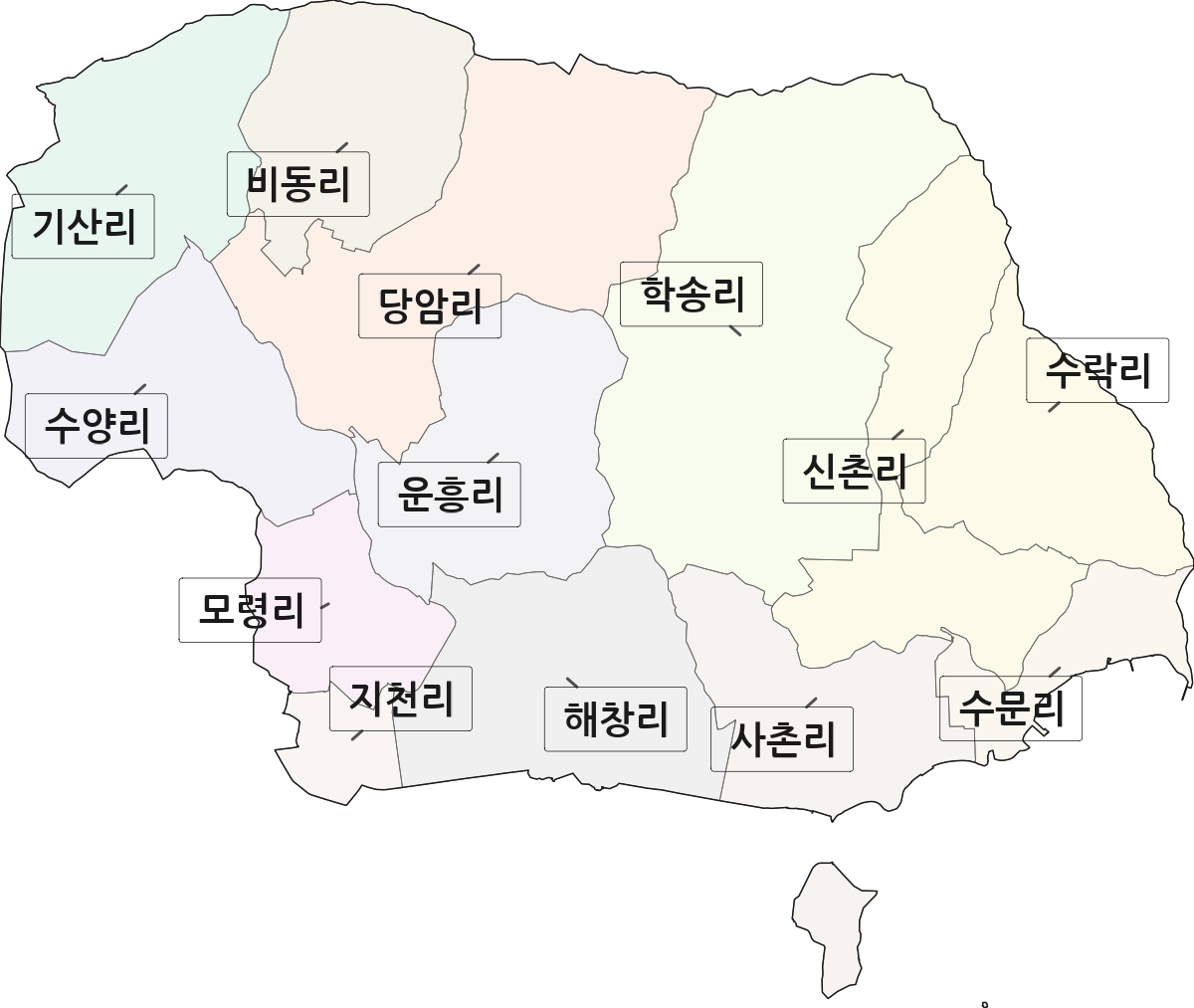 전라남도 장흥군 안양면 법정동 리 구분 행정구역 경계 지도