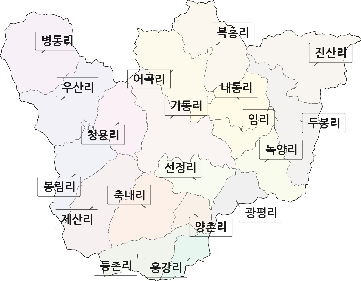 전라남도 장흥군 장평면 법정동 리 구분 행정구역 경계 지도