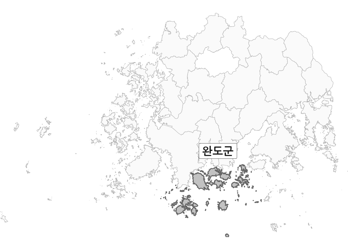 전라남도 범위 내 완도군 행정구역 경계 지도