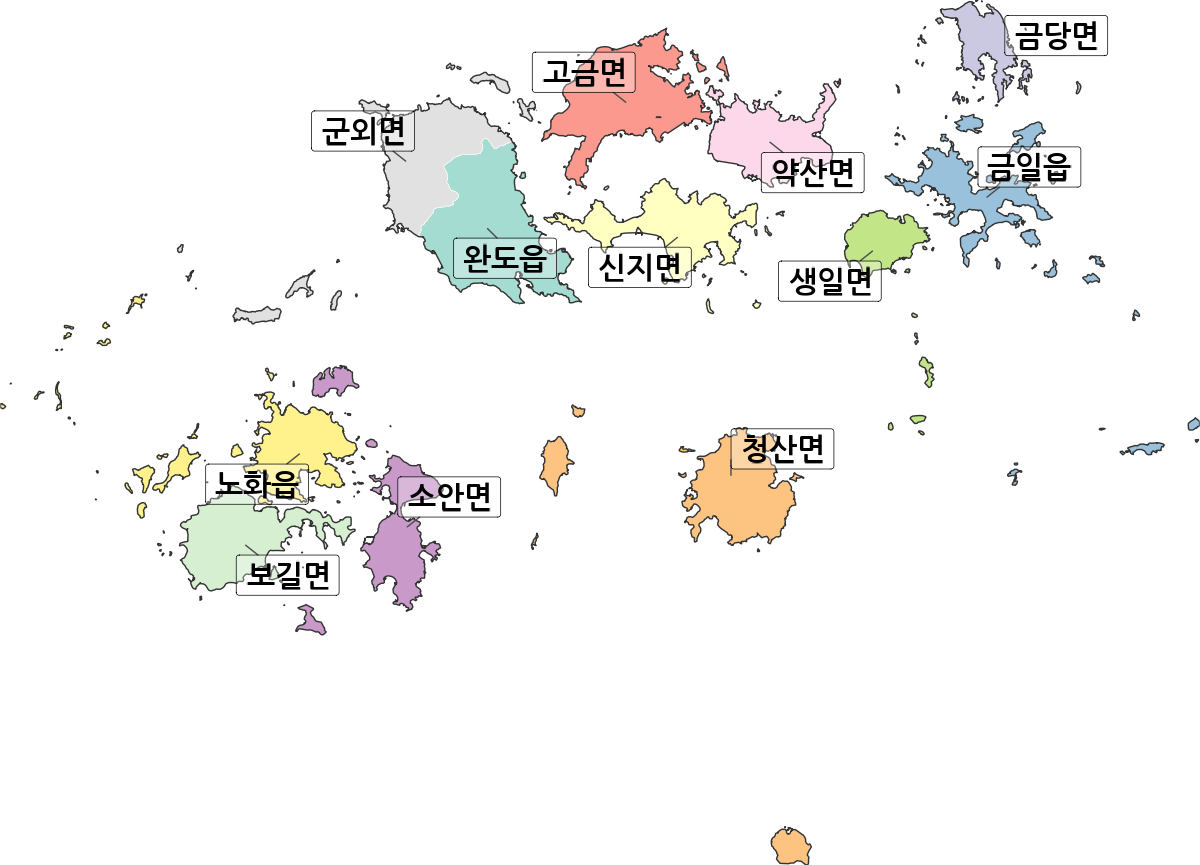 전라남도 완도군 법정동 행정구역 경계 지도