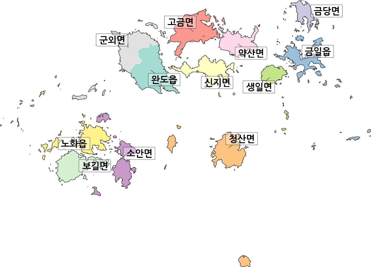 전라남도 완도군 행정동 행정구역 경계 지도