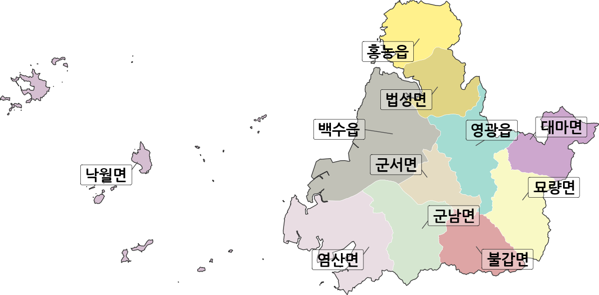 전라남도 영광군 행정동 행정구역 경계 지도