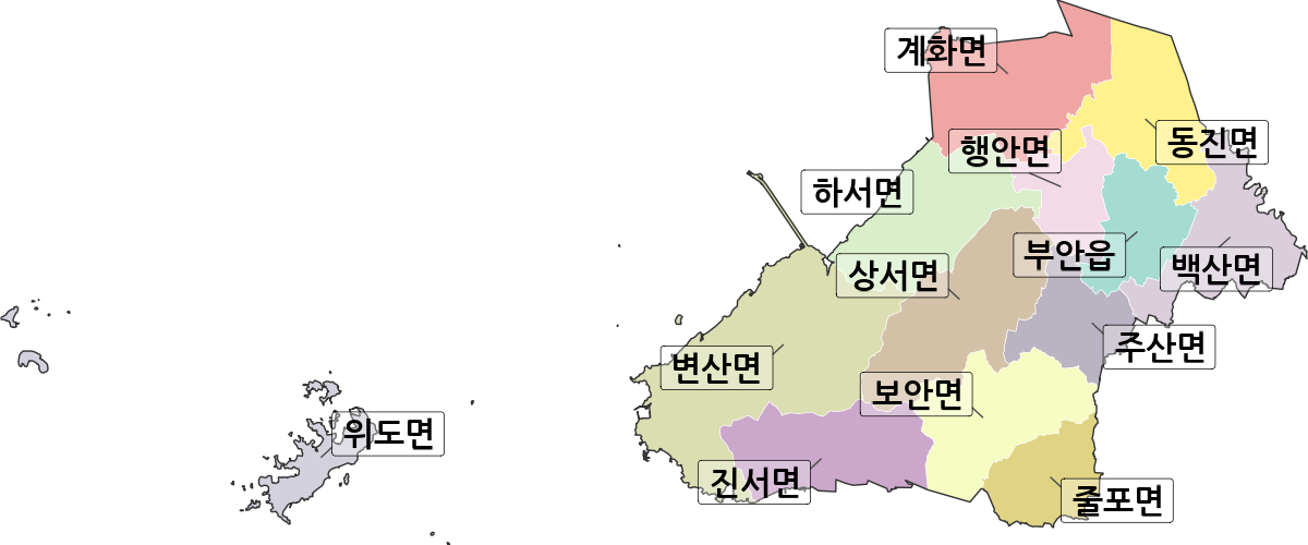 전북특별자치도 부안군 행정동 행정구역 경계 지도