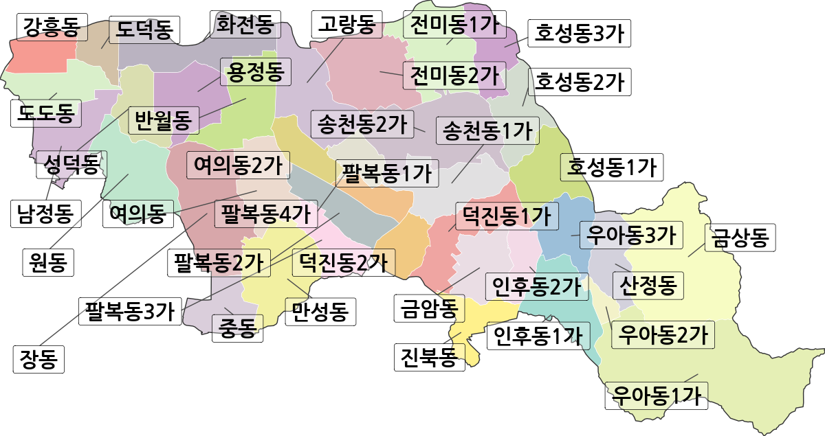 전북특별자치도 전주시 덕진구 법정동 행정구역 경계 지도