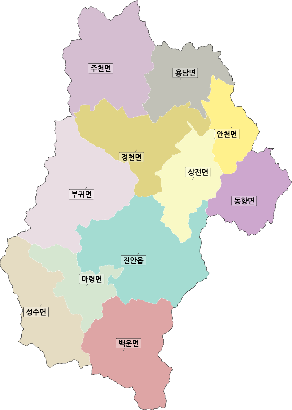 전북특별자치도 진안군 법정동 행정구역 경계 지도