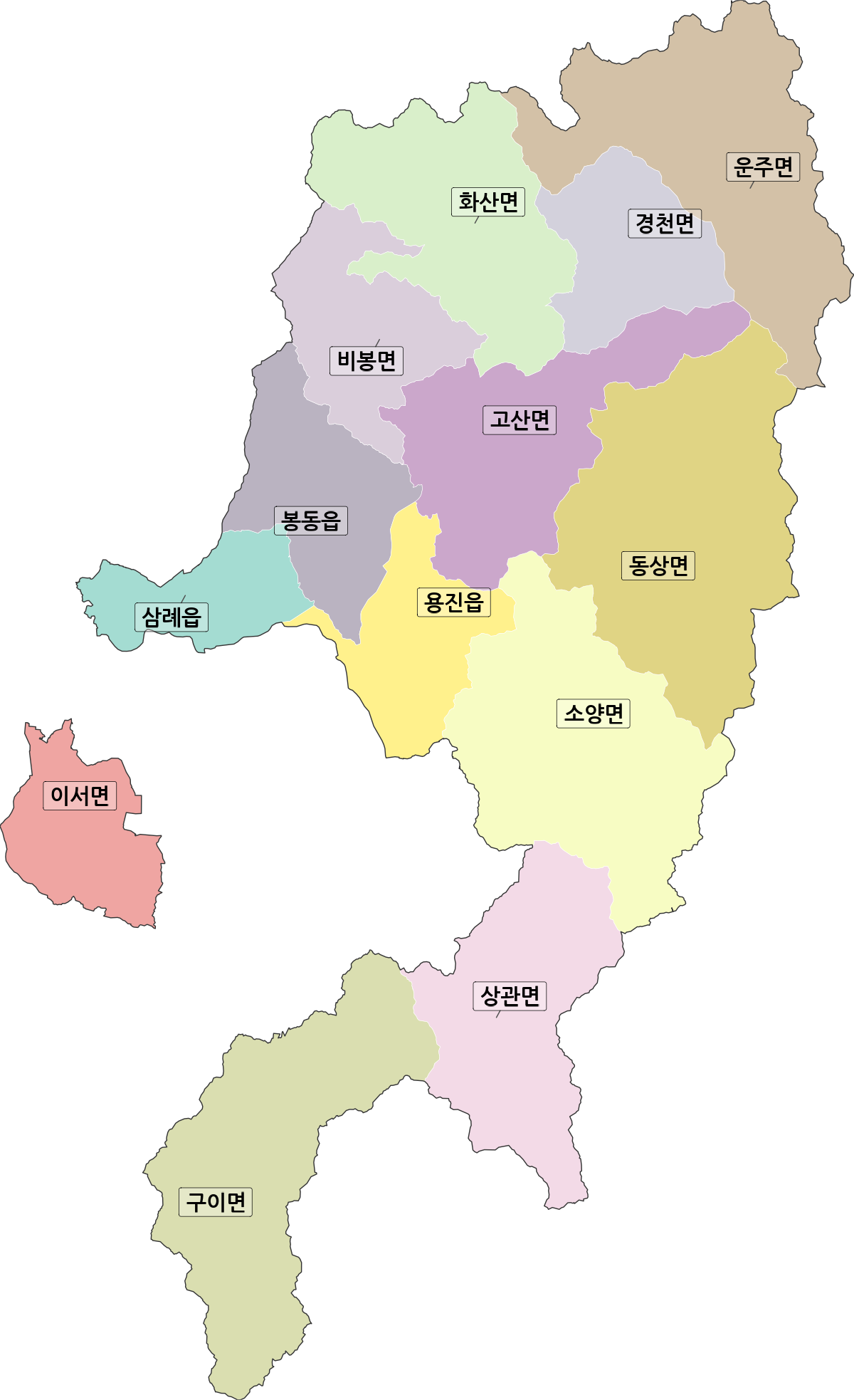 전북특별자치도 완주군 행정동 행정구역 경계 지도