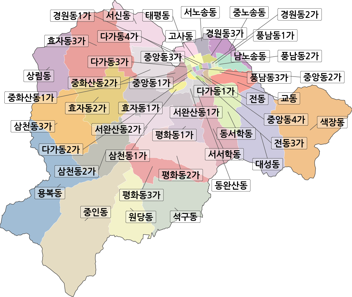 전북특별자치도 전주시 완산구 법정동 행정구역 경계 지도