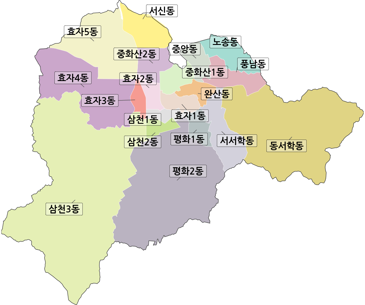 전북특별자치도 전주시 완산구 행정동 행정구역 경계 지도