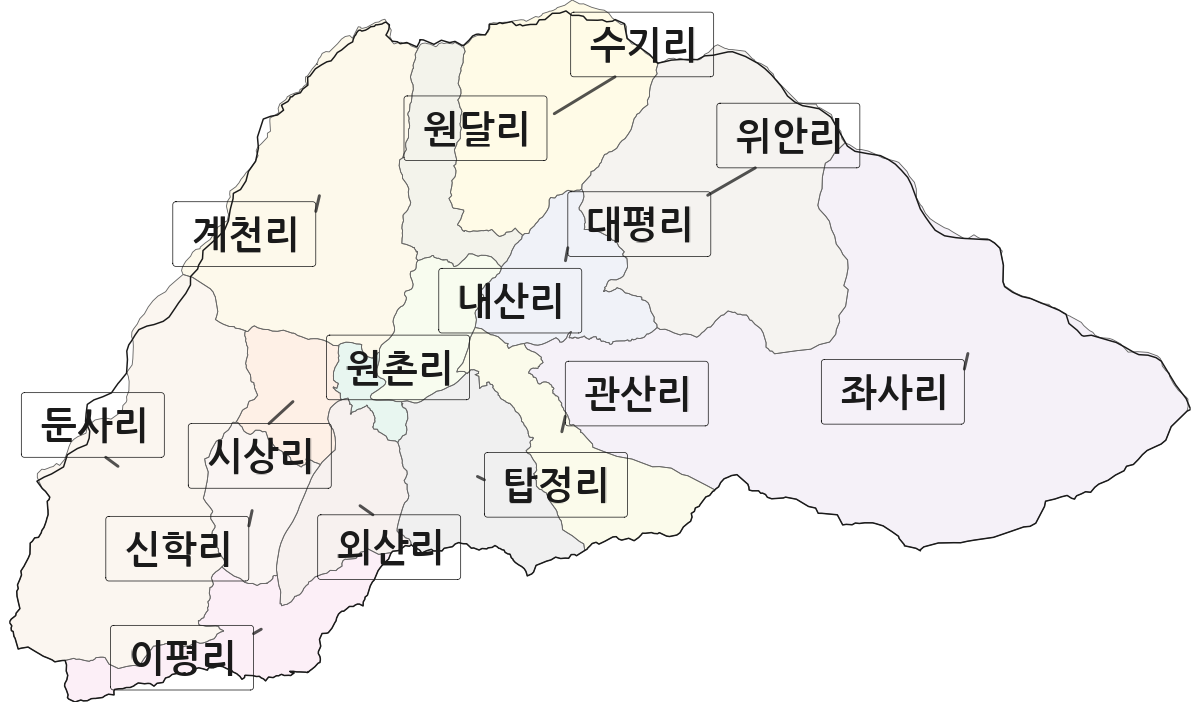 전남광주통합특별시 구례군 산동면 법정동 리 구분 행정구역 경계 지도