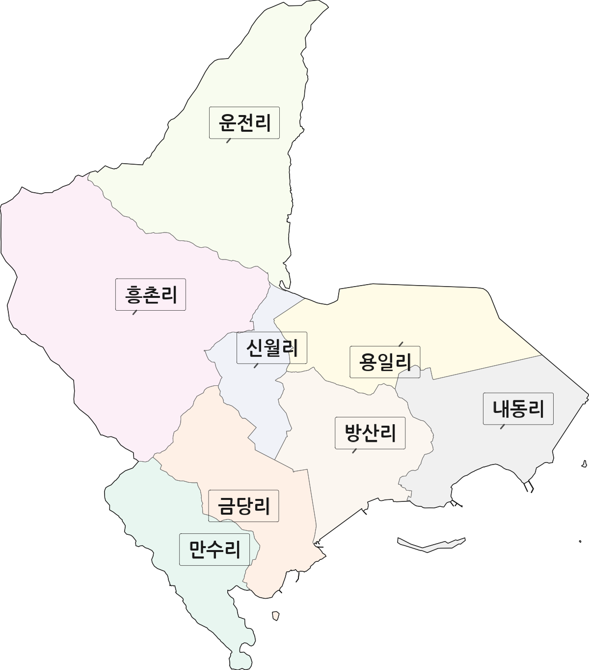 전남광주통합특별시 해남군 북일면 법정동 리 구분 행정구역 경계 지도