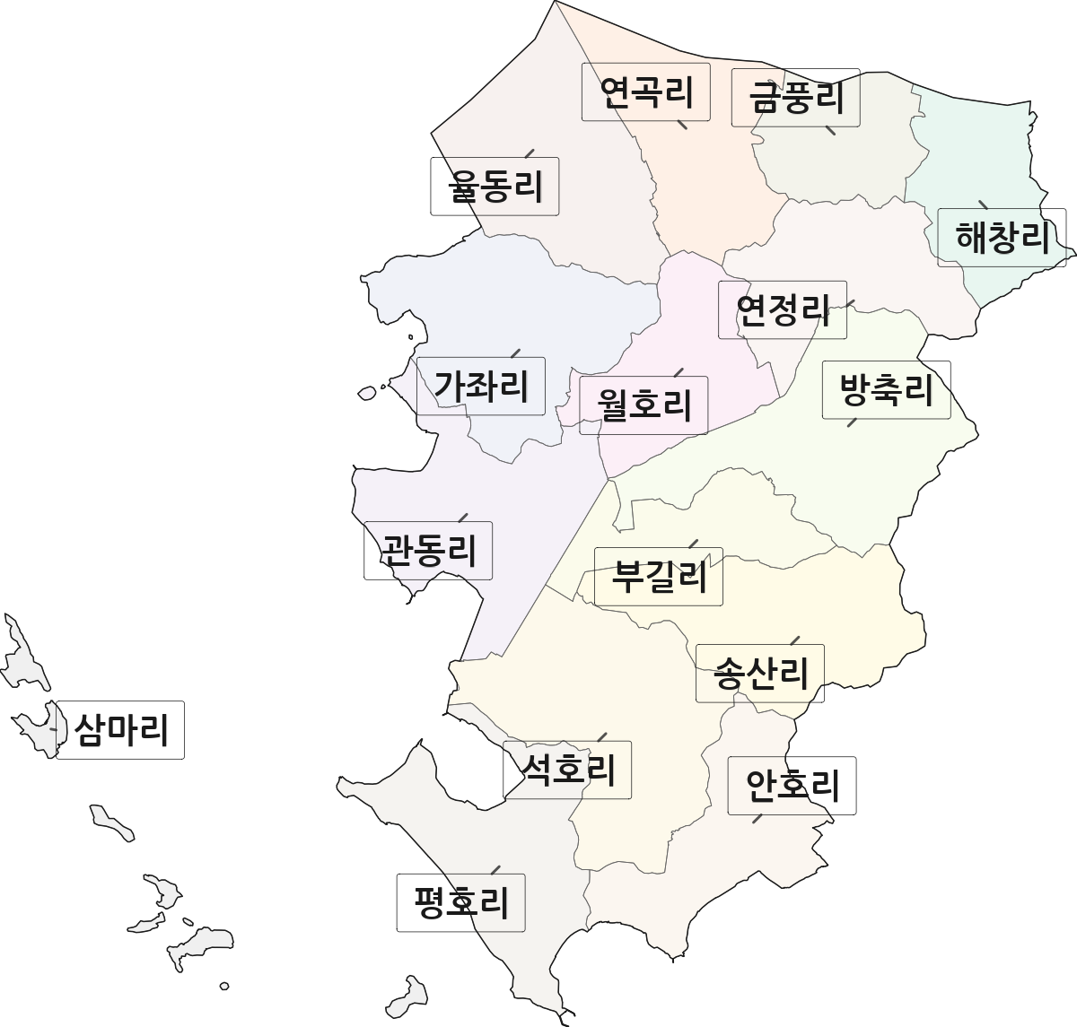 전남광주통합특별시 해남군 화산면 법정동 리 구분 행정구역 경계 지도