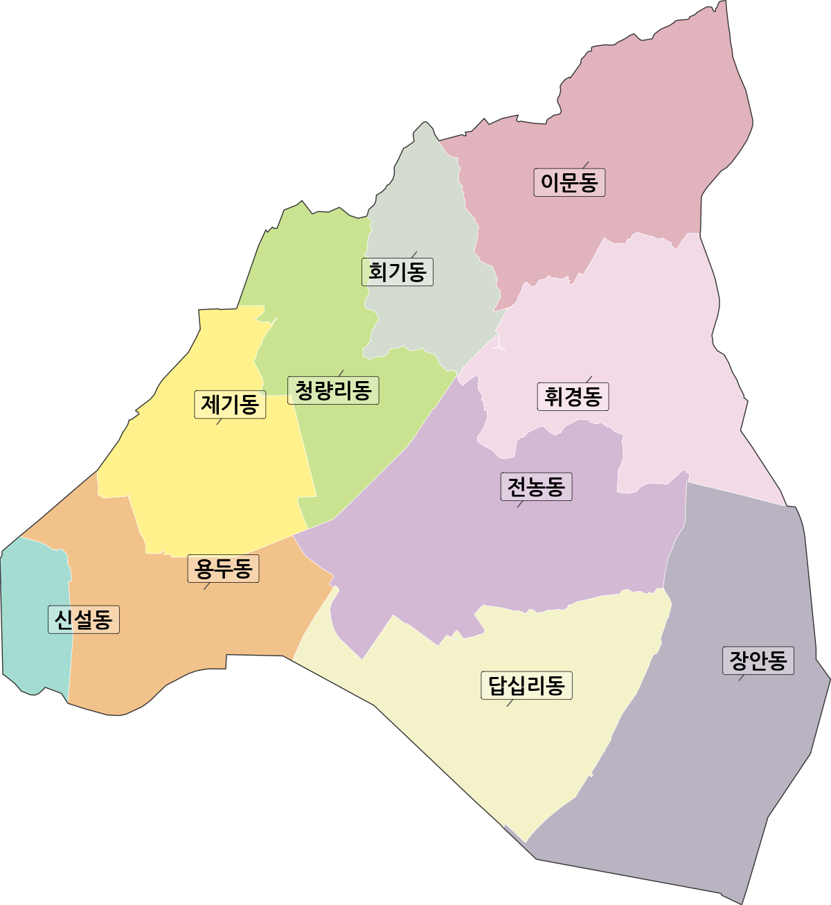 서울특별시 동대문구 법정동 행정구역 경계 지도