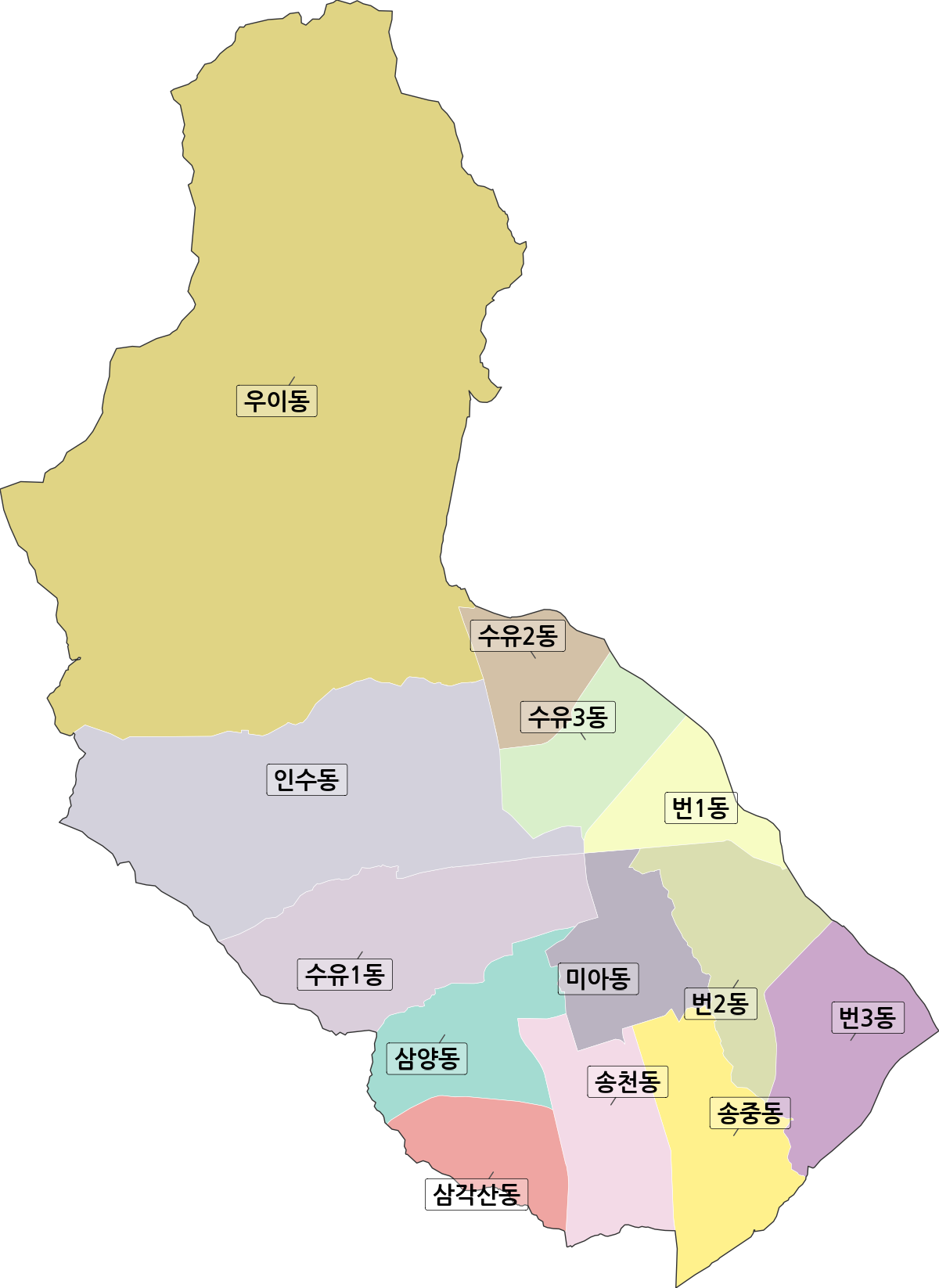 서울특별시 강북구 행정동 행정구역 경계 지도