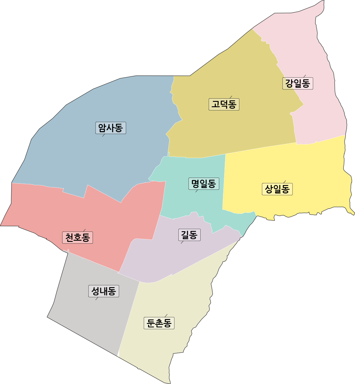 서울특별시 강동구 법정동 행정구역 경계 지도