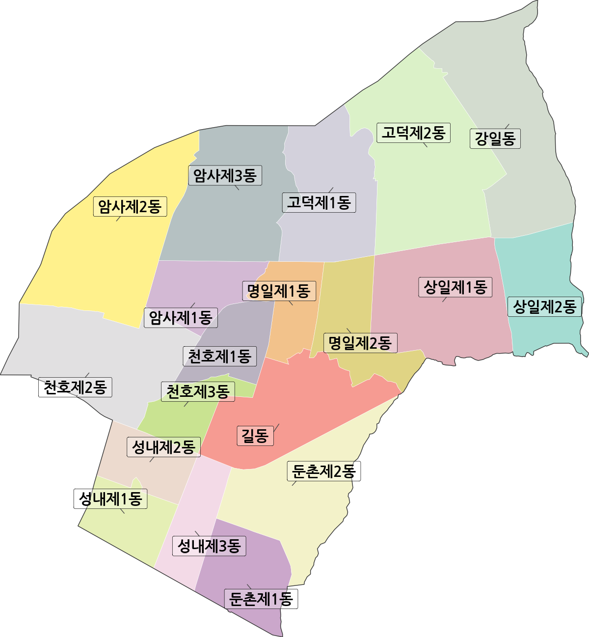 서울특별시 강동구 행정동 행정구역 경계 지도