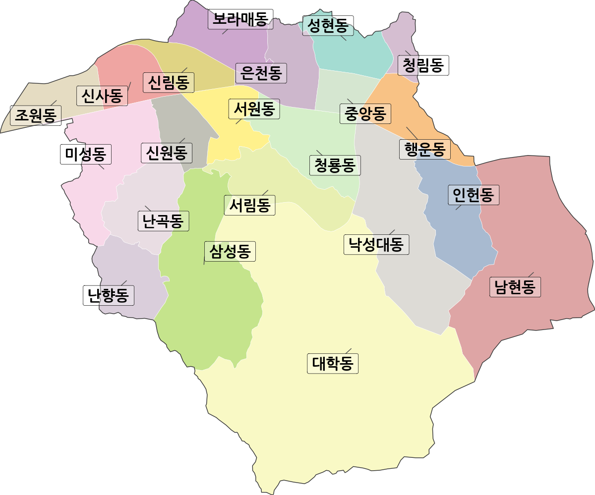 서울특별시 관악구 행정동 행정구역 경계 지도