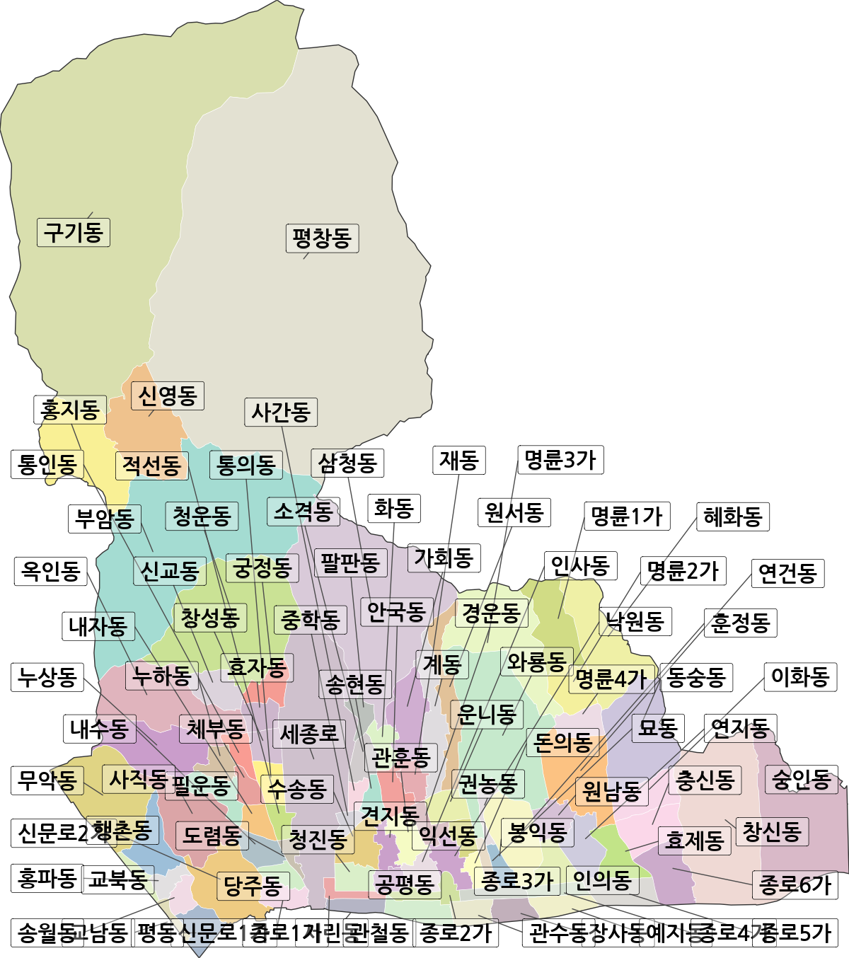 서울특별시 종로구 법정동 행정구역 경계 지도