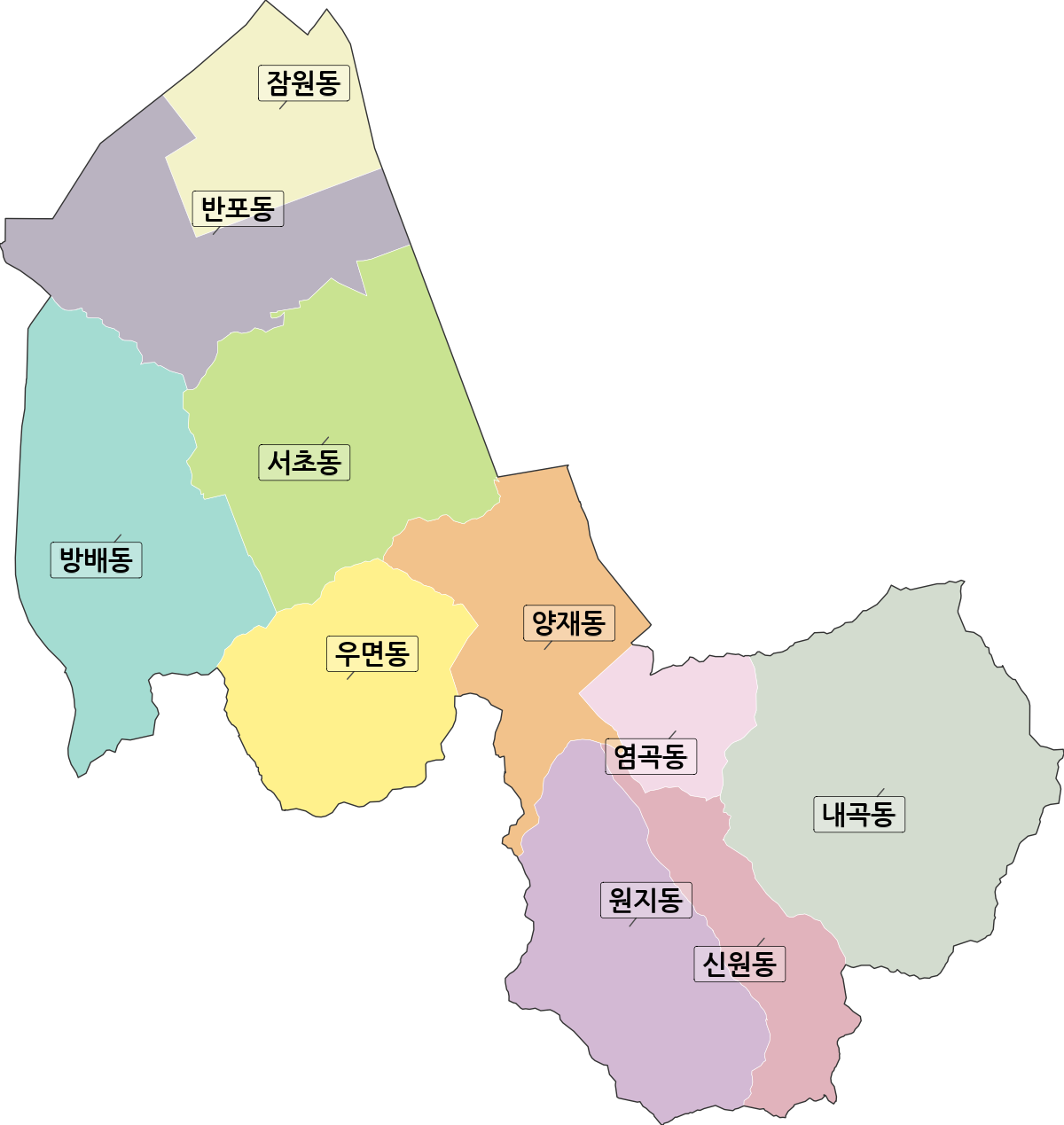 서울특별시 서초구 법정동 행정구역 경계 지도