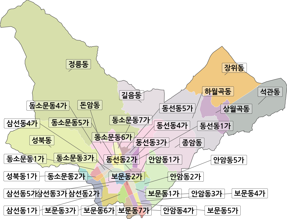 서울특별시 성북구 법정동 행정구역 경계 지도