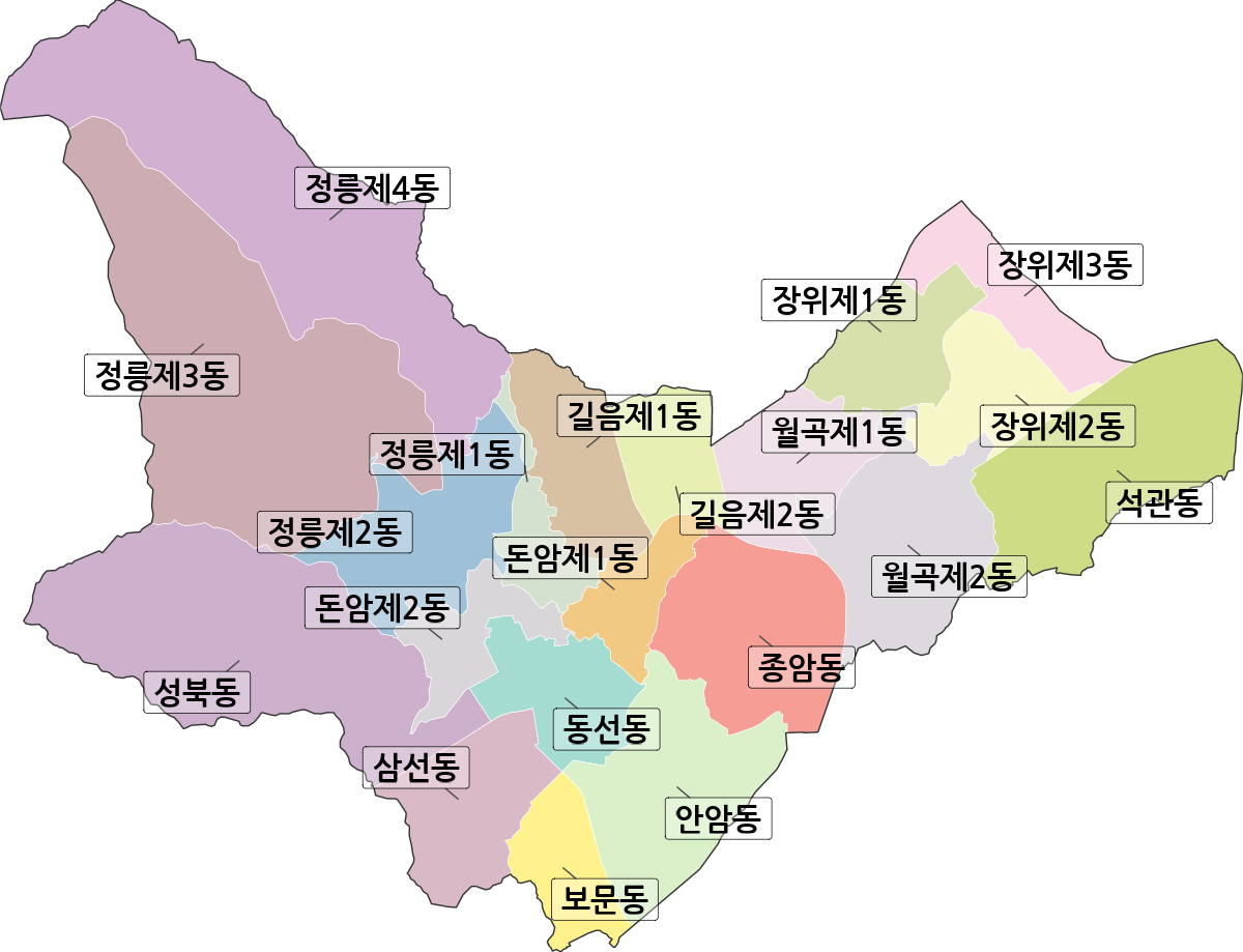 서울특별시 성북구 행정동 행정구역 경계 지도