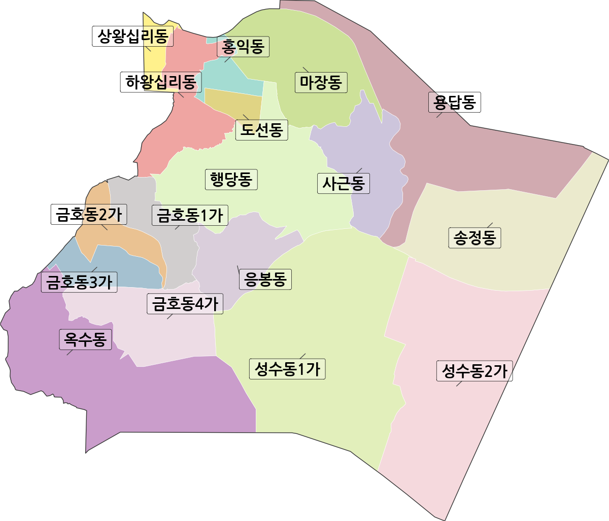 서울특별시 성동구 법정동 행정구역 경계 지도